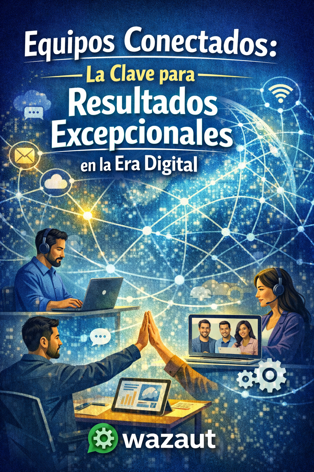 Equipo de trabajo conectado colaborando con herramientas digitales y pantallas mostrando dashboards de productividad