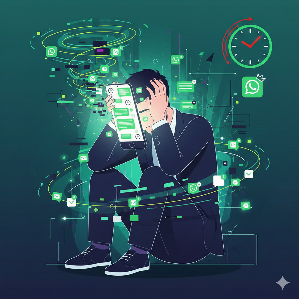 Emprendedor abrumado usando WhatsApp personal para gestionar su negocio — representación visual del caos operativo que genera no profesionalizar la atención por WhatsApp.