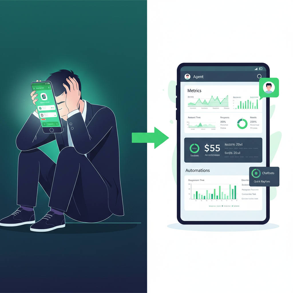 Comparación visual entre WhatsApp Business App y una plataforma profesional de gestión de WhatsApp — ilustrando las limitaciones de la app gratuita frente a las capacidades de una solución como Wazaut.