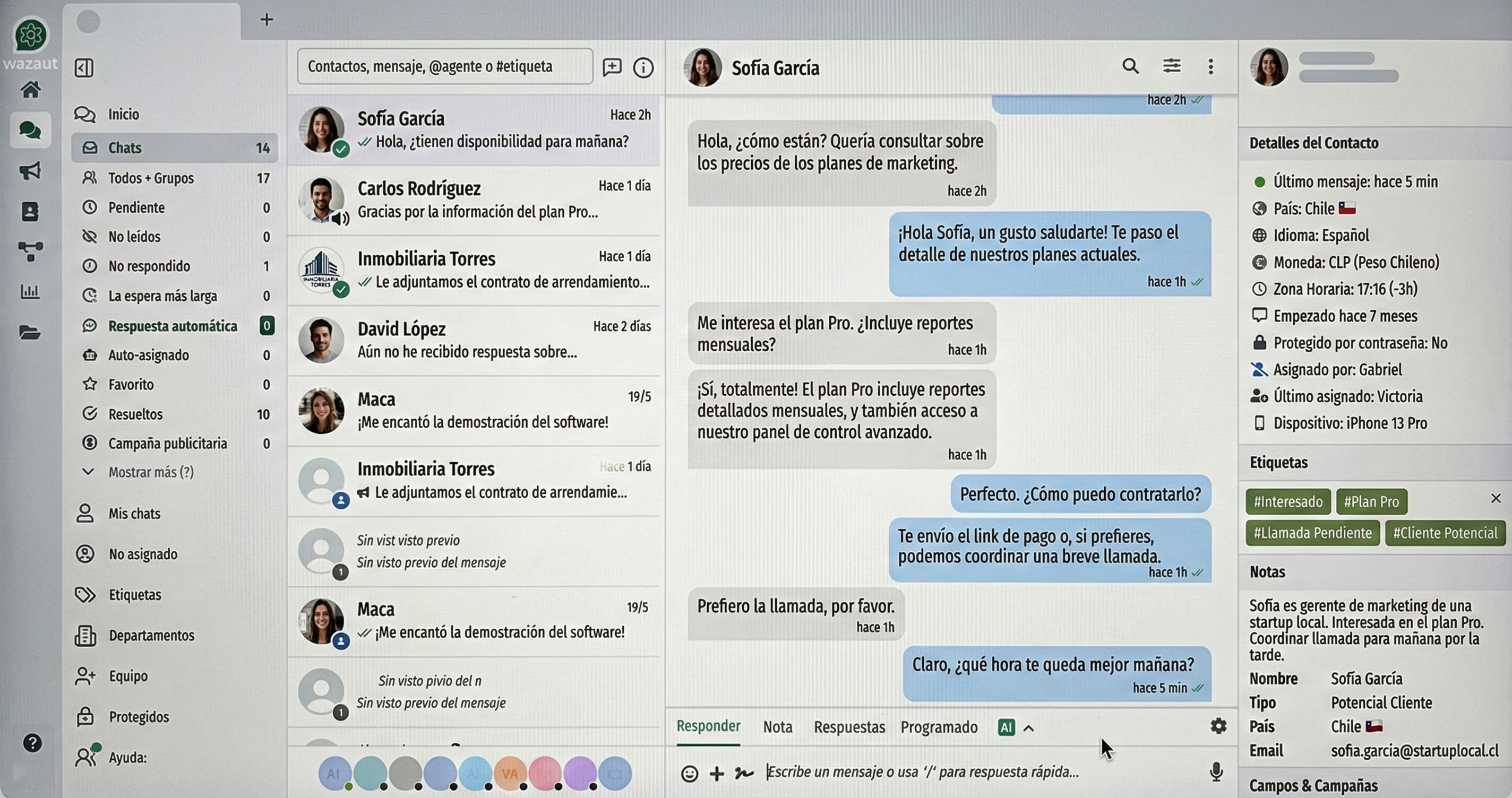 Wazaut Dashboard - Gestión de conversaciones de WhatsApp